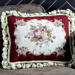 New Wool Needlepoint Petit Point  Mix Pillow Floral Roses Burgundy Red Cushion French Country Home Decor Gift for Mom 12x16 Cover Only