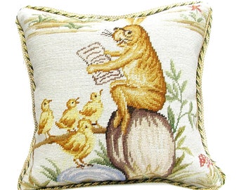 New Completed Needlepoint Pillow Cover Easter Rabbit Bunny Birds Story Time Cushion 16x16