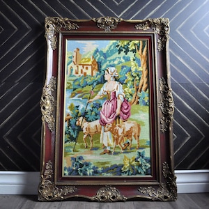 Antique Framed Art | Framed Wall Art | Handmade Needlepoint with Vintage Wood Frame | Antique Furniture Decor | Large Canvas Art