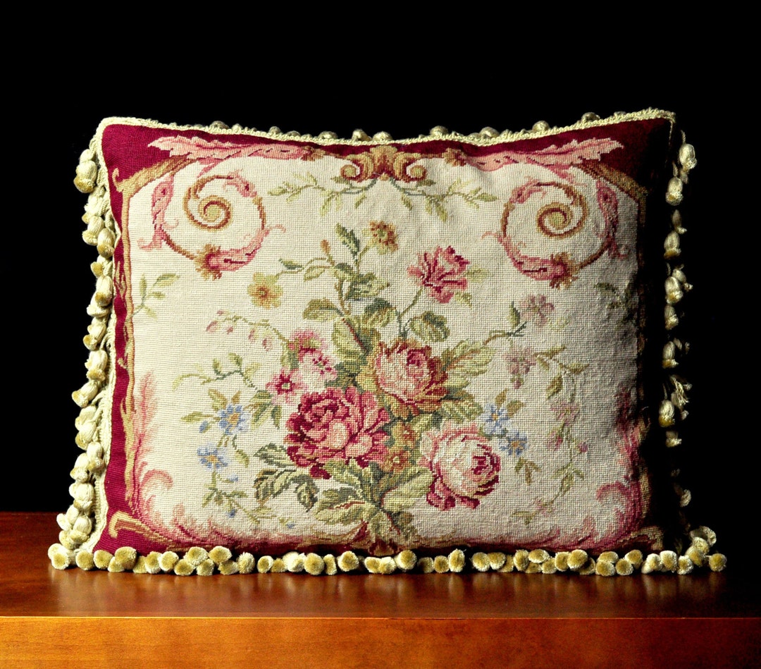 Wool Petit Point Throw Pillow Cover Vintage Needlepoint Cushion Cover Antique French Style