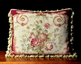 Wool Petit Point Throw Pillow Cover | Vintage Needlepoint Cushion Cover | Antique French Style Pillowcase 16x20 Handmade Lumbar Pillow Cover