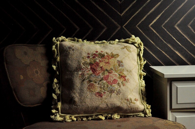 Wool Needlepoint & Petit Point Throw Pillow Cover 16x16 Vintage Accent