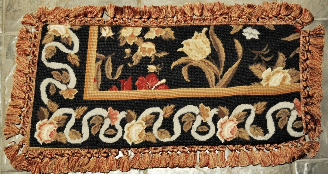 Black Wool Needlepoint Lumbar Pillow Cover Tulips Roses and Etsy UK