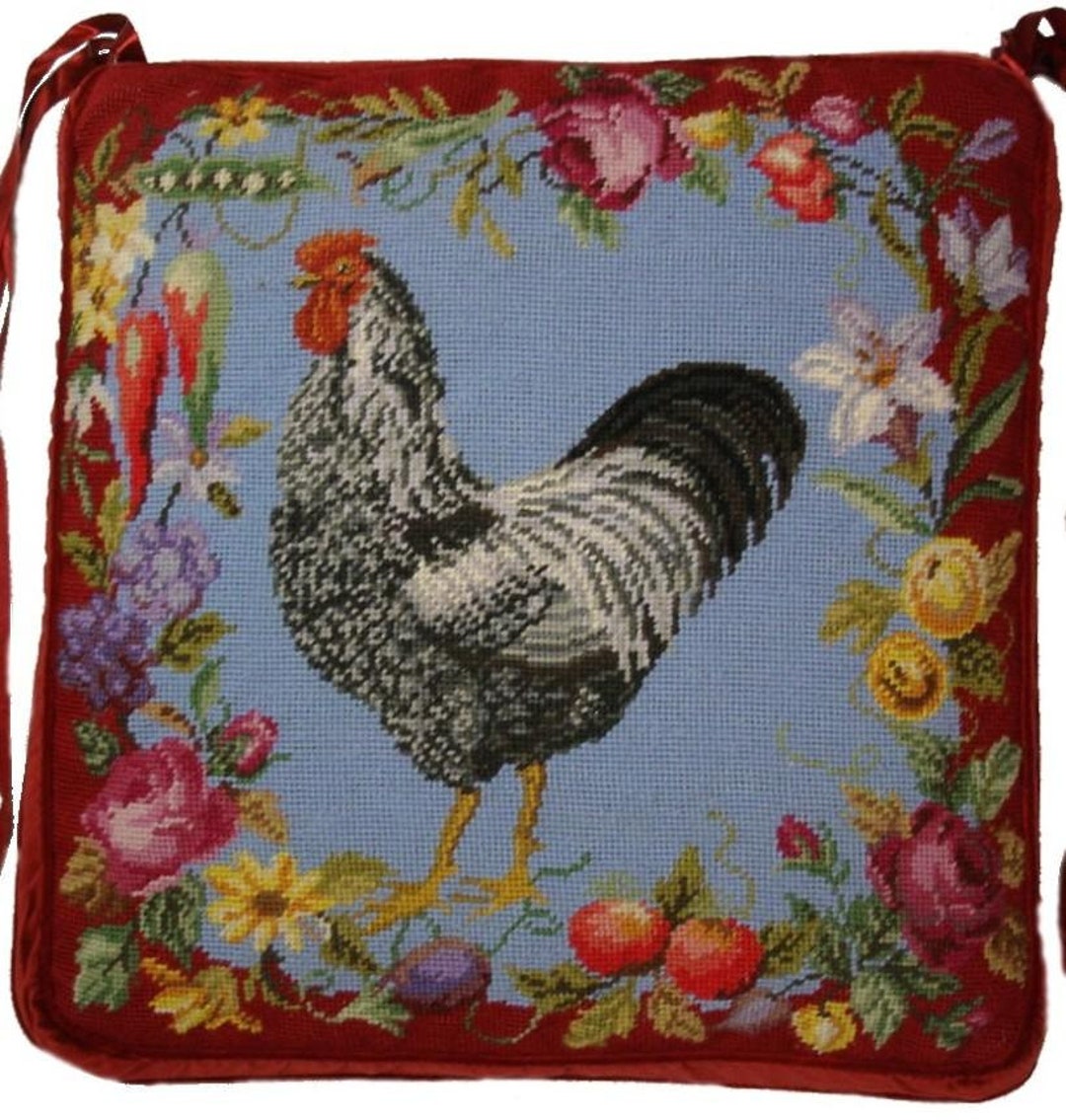Chair Cushion for Dining Room Handmade Wool Needlepoint Silver Laced