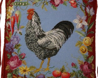 Chair Cushion for Dining Room Handmade Wool Needlepoint Silver Laced Wyandotte Rooster Seat Pad with Ties 18x18 inches