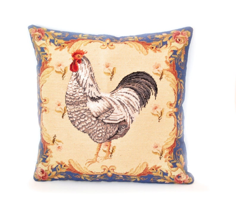 Rooster Needlepoint Pillow Cover Farmhouse Blue Throw Pillow Etsy
