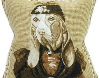 Needlepoint Pillow | Handmade Sir Dachshund Basset Hound Dog Portrait Cushion Cover / Wool Throw Pillowcase 12x12 for Chair Couch Sofa Bed