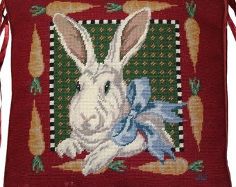 Chair Cushion for Dining Room Handmade Wool Needlepoint Bunny Rabbit Carrot Seat Pad with Ties 18x18 inches