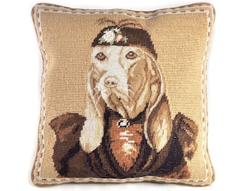 Needlepoint Pillow | Handmade Needlework Dachshund Portrait Cushion | Basset Hound Dog Portrait Cushion Cover | Dog Lover Throw Pillow Cover