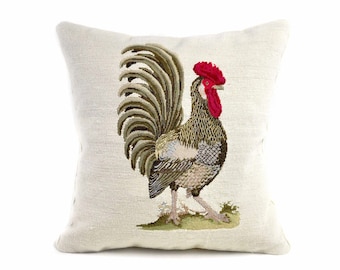 Handmade Needlepoint Rooster Pillow Cover: French Farmhouse Decor (18x18)
