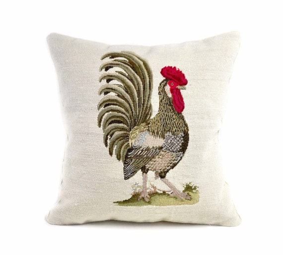 Handmade Needlepoint Rooster Pillow Cover: French Farmhouse Decor (18x18)