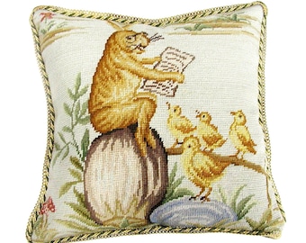 New Completed Needlepoint Pillow Cover Easter Rabbit Bunny Birds Story Time Cushion 16x16