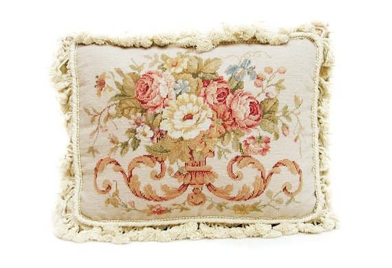 French Country Cottage Style Floral Needlepoint Pillow Case Etsy