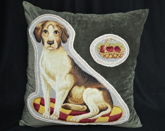 Labrador Dog Needlepoint Pillow Cover, Vintage Wool Tapestry Fragments 24x24 in