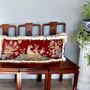 Custom Made one of a Kind Needlepoint Throw Pillow Cover Dog with Flower Vases Cushion 16x44 Perfect for Your Bed Decoration or Large Sofa