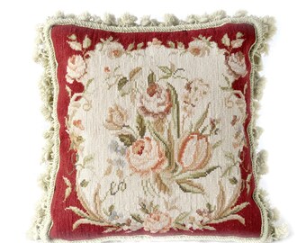 Wool Needlepoint Throw Pillow Cover | Antique Style French Rose Bouquet Burgundy Red Cushion Cover 16x16