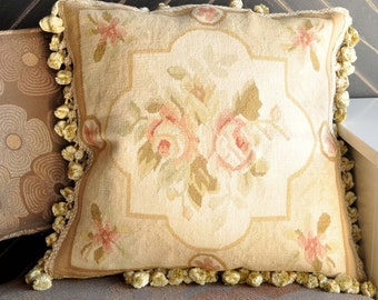 Handwoven Wool Aubusson Tapestry Pillow Cover Antique Recreation French Gobelins Weave Tapestry Pillowcase Floral Roses Cushion Cover 18x18
