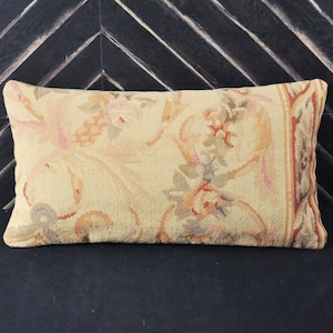 Vintage Wool Needlepoint Lumbar Pillow Cover | Antique Style Handwoven Needlepoint Throw Cushion Cover 12x22