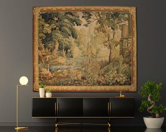 New Handwoven Wool Aubusson Tapestry Antique Finished French Gobelins Weave Verdure Wall Hanging with Mid Century Landscape 73x89 inches