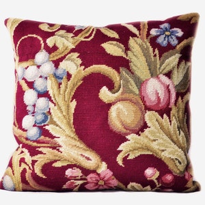 Custom Made in Canada Wool Needlepoint Throw Pillow Cover Scrolls Fruits Grapes Peaches and Acanthus Leaves Burgundy Red Cushion Cover 20x20