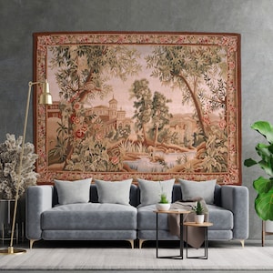 Hand-woven Wool Aubusson Tapestry | Large Hand Crafted Verdure Wall Hanging Art | Vintage French Wall Art | Medieval Wall Art 54X74  inch