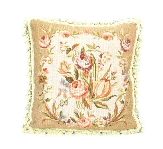 Vintage French Style Handmade Needlepoint Pillow Floral Etsy