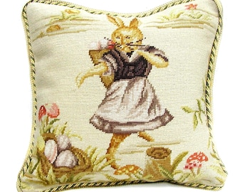 New Completed Needlepoint Pillow Cover Easter Bunny Dancing Rabbit Cushion 16x16