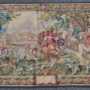 Hand-woven Wool Aubusson Tapestry | Vintage Le Roi Soleil Tapestry | French Gobelins Weave Wall Art | Medieval Wall Tapestry 54x77  inches