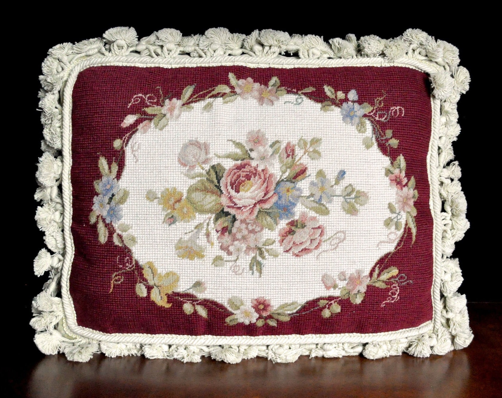 Wool Needlepoint & Petit Point Pillow Cover | Floral Roses Cushion Cover Lumbar Pillowcase 12x16 for Chair Couch Sofa Bed and Window Seats