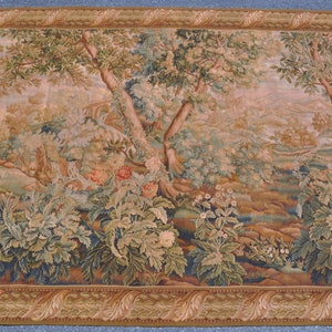 Handwoven Wool French Aubusson Wall Tapestry | Recreated Large Verdure Tapestry | Antique Finished European Wall Hanging Art 88x119 inch