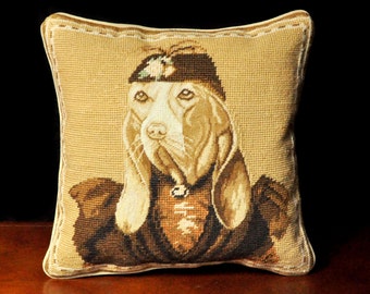 Needlepoint Pillow | Handmade Needlework Dachshund Portrait Cushion | Basset Hound Dog Portrait Cushion Cover | Dog Lover Throw Pillow Cover