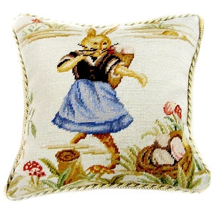Luxury Throw Pillow Cover | Handmade Wool Needlepoint Easter Bunny Dancing Rabbit Cushion Cover / Pillow Case 16x16