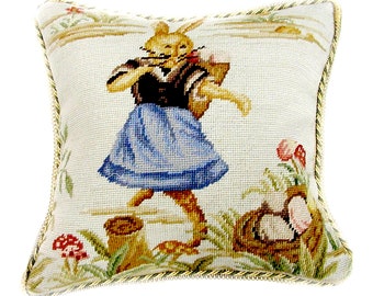 New Completed Needlepoint Pillow Cover Easter Bunny Dancing Rabbit Cushion 16x16