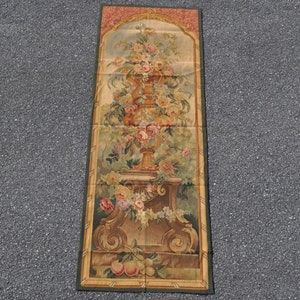 Handwoven Wool Aubusson Tapestry Wall Hanging Panel Antique Finished French Gobelins Weave Wall Tapestry 26x74 Inches