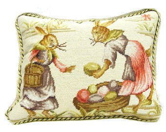 New Completed Needlepoint Pillow Cover Vender Rabbit Bunny Girl Selling Easter Eggs Cushion 14x18