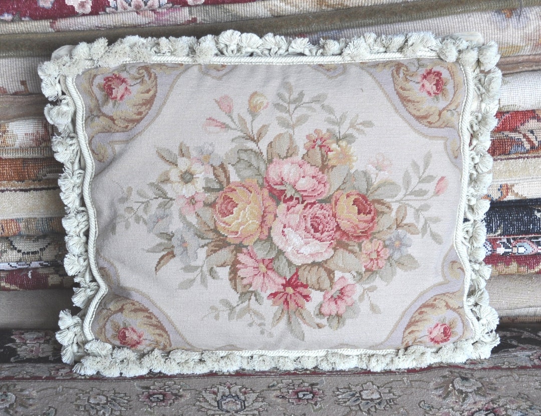 Vintage Wool Petit Point Cushion Cover Throw Pillow Cover Floral Rose Bouquet Accent Pillow Case