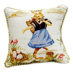 Luxury Throw Pillow Cover | Handmade Wool Needlepoint Easter Bunny Dancing Rabbit Cushion Cover / Pillow Case 16x16