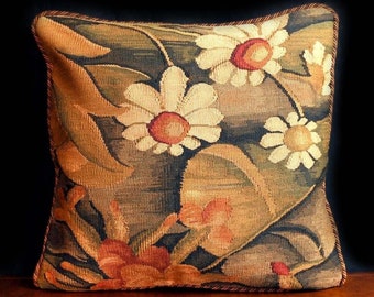 Funda de almohada de tapiz Aubusson de lana tejida a mano, recreación antigua, gobelinos franceses, funda de almohada de tapiz, cojín de margarita y follaje 18x18