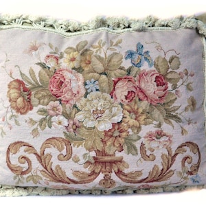 Beige Petit Point Pillow Cover | Floral Needlepoint Cushion Cover 16x20 | Rose Bouquet Pillow Cover | Vintage French Country Throw Pillow