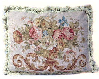 Beige Petit Point Pillow Cover | Floral Needlepoint Cushion Cover 16x20 | Rose Bouquet Pillow Cover | Vintage French Country Throw Pillow