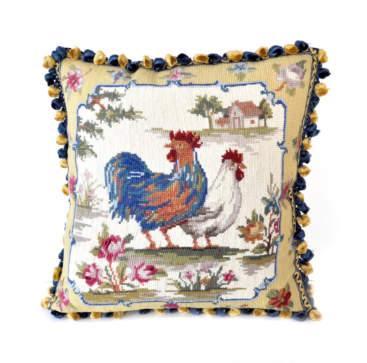 Needlepoint Pillow Handmade Wool Baseball 16x16 for Chair Sofa Couch Bed Window