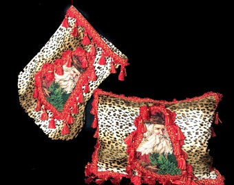 One of a Kind Hand-stitched Custom Made Santa Claus Needlepoint on Leopard Print Christmas Stocking with Matching Pillow Cover