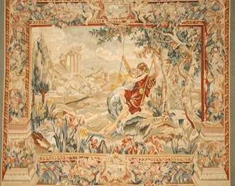 Handwoven Aubusson Tapestry Large Wall Art | Lovers on Swing | Pastoral Scene Wall Hanging | French Gobelins Weave Verdure Tapestry 86x75