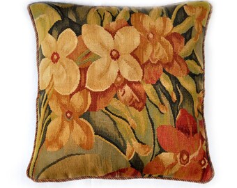Funda de almohada de tapiz Aubusson de lana tejida a mano, recreación antigua, gobelinos franceses, funda de almohada de tapiz, cojín de margarita y follaje 18x18