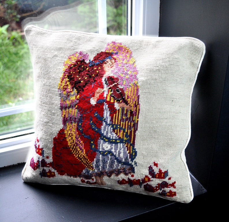 Christmas Angel Needlepoint White Pillow Case / Handmade Wool Etsy