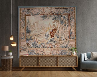 Handwoven Aubusson Tapestry Large Wall Art | Lovers on Swing | Pastoral Scene Wall Hanging | Hand Crafted Verdure Tapestry 86x75 inches