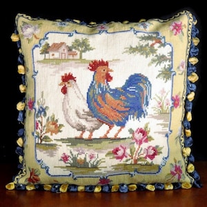 Vintage Rooster Needlepoint Pillow Cover, Victorian French Cottage Throw Pillow Decor, French Country Style Cushion Cover