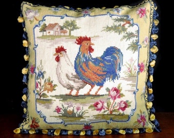 Funda de almohada de lana bordada con diseño de gallo y casita, nueva, 40x40 cm.