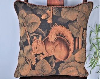 Wool Aubusson Pillow Cover | French Antique Style Squirrel Cushion Cover | Handwoven French Gobelins Tapestry Weave Pillowcase 20x20