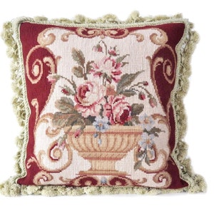 Wool Floral Needlepoint Throw Pillow Cover | French Antique Style Burgundy Cushion Cover | Roses in Urn | Luxury Vintage Handmade 16x16